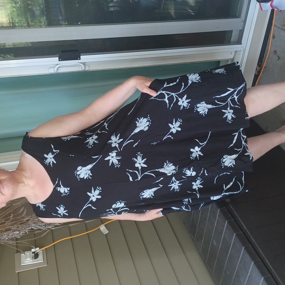 Blue Sky Black Midi Dress with Pale Blue Floral Print
